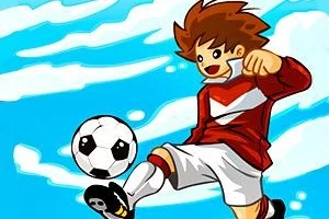 붉은 유니폼을 입은 만화 캐릭터가 축구공을 차고 있는 장면