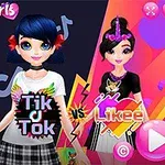 두 명의 만화 스타일 여자 캐릭터가 서로 다른 옷을 입고 있으며, 배경에는 Tik Tok과 Likee 로고가 보입니다