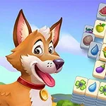 강아지와 과일 및 나뭇잎이 그려진 마작 타일이 있는 이미지