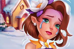 눈 덮인 집을 배경으로 눈물을 흘리는 꽃 장식 머리의 슬픈 소녀