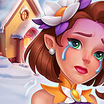 눈 덮인 집을 배경으로 눈물을 흘리는 꽃 장식 머리의 슬픈 소녀