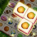 겹쳐진 타일 위에 여러 가지 음식 그림이 있고, 햄버거 그림이 있는 3개의 타일이 밝게 빛나고 있다