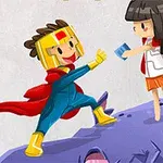 금색 헬멧과 빨간 망토를 두른 캐릭터가 소녀에게 책을 건네는 모습