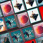 바둑판 형태의 격자 안에 헬리콥터, 전투기, 붉은 행성, 떠 있는 섬 이미지가 반복적으로 배치되어 있습니다