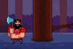 도끼를 들고 있는 벌목꾼이 큰 나무 옆에 서 있는 픽셀 아트 이미지