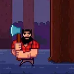 도끼를 들고 있는 벌목꾼이 큰 나무 옆에 서 있는 픽셀 아트 이미지