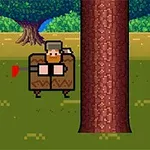 픽셀 아트 스타일로 나무를 도끼로 찍고 있는 캐릭터와 숲 배경