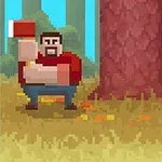 나무를 배경으로 도끼를 든 픽셀 아트의 남자가 서 있는 장면