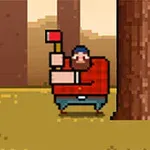 픽셀 아트 스타일의 나무 앞에서 도끼를 든 나무꾼