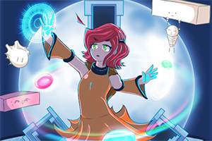 빨간 머리 소녀가 빛나는 장치와 구슬들 사이에서 손을 펼치고 있습니다