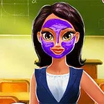 교실 배경 앞에 보라색 얼굴 마스크팩을 한 여성 캐릭터