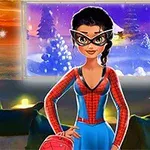 큰 안경을 쓴 슈퍼히어로 복장을 한 여성이 겨울 풍경이 보이는 창문 앞에 서 있다