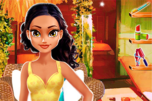 어두운 갈색 머리의 여성이 노란 드레스를 입고 웃고 있는 모습과 화장품이 진열된 배경