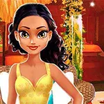 어두운 갈색 머리의 여성이 노란 드레스를 입고 웃고 있는 모습과 화장품이 진열된 배경