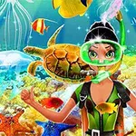 스노클링 장비를 착용한 만화 캐릭터가 해양 생물들 사이에서 수중 탐험을 하고 있는 이미지