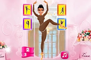 발레리나 복장을 한 여성이 포즈를 취하고 있으며, 주위에 여러 개의 발레 동작 아이콘이 있는 장면