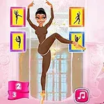 발레리나 복장을 한 여성이 포즈를 취하고 있으며, 주위에 여러 개의 발레 동작 아이콘이 있는 장면