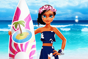 해변 배경 앞에서 꽃으로 장식된 머리를 한 여성이 서핑보드를 들고 있다