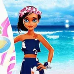 해변 배경 앞에서 꽃으로 장식된 머리를 한 여성이 서핑보드를 들고 있다