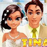 웨딩 드레스를 입은 신부와 정장을 입은 신랑이 배경에 열대 식물이 있는 곳에서 함께 서 있는 모습