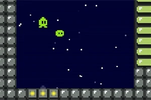 짙은 남색 배경 위에 두 개의 초록색 픽셀 생명체와 별들이 산발적으로 배치된 이미지를 테두리에 회색 블록이 둘러싸고 있는 모습