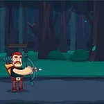 어두운 숲 배경 앞에서 활을 쏘는 남자와 표적이 있는 장면