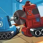 파란색 전차와 빨간색 전차가 서로 공격하는 장면