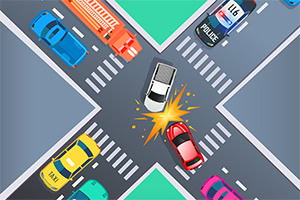 교차로에서 하얀색 차와 빨간색 차가 충돌한 모습