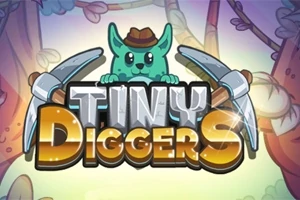 녹색 동물이 모자와 곡괭이 두 개를 들고 TINY DIGGERS라는 글자 위에 있는 모습