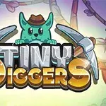 녹색 동물이 모자와 곡괭이 두 개를 들고 TINY DIGGERS라는 글자 위에 있는 모습