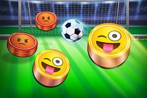 축구 경기장에서 다양한 표정의 이모티콘들이 축구공과 함께 있는 이미지