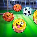 축구 경기장에서 다양한 표정의 이모티콘들이 축구공과 함께 있는 이미지