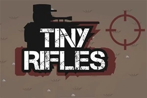 검은색 그림자 속 군인과 조준경이 있는 갈색 배경의 TINY RIFLES 텍스트