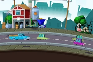 도로 위에 다양한 색상의 자동차들이 달리고 있으며, 배경에는 건물과 나무가 보인다