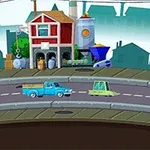 도로 위에 다양한 색상의 자동차들이 달리고 있으며, 배경에는 건물과 나무가 보인다