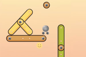 노란색과 갈색의 연결된 막대기 구조물과 회색 공, 녹색 세로 막대, 미소 짓는 이모티콘이 있는 장면