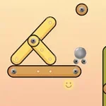 노란색과 갈색의 연결된 막대기 구조물과 회색 공, 녹색 세로 막대, 미소 짓는 이모티콘이 있는 장면