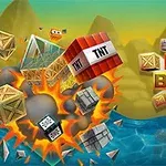 폭발과 함께 나무 상자들이 공중에 흩어져 있고, 물과 산이 배경으로 보이는 이미지