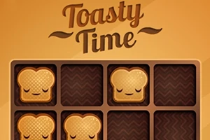 토스트 모양의 빵 조각들이 눈을 감고 있는 격자 무늬 판과 Toasty Time이라는 텍스트