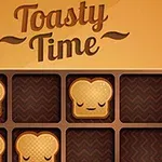 토스트 모양의 빵 조각들이 눈을 감고 있는 격자 무늬 판과 Toasty Time이라는 텍스트