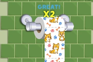 초록색 타일 벽에 설치된 화장지 거치대에 강아지 그림이 있는 화장지가 걸려 있으며, 위에 GREAT!