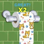 초록색 타일 벽에 설치된 화장지 거치대에 강아지 그림이 있는 화장지가 걸려 있으며, 위에 GREAT!