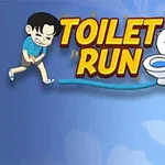 파란 배경에 화장실로 급히 향하는 캐릭터와 화장실 기호가 있는 변기가 있는 이미지