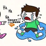 한 소녀가 화장실에서 웃고 있고, 소년은 바닥에 앉아 울고 있는 만화 이미지