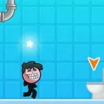 파란색 타일 벽과 파이프가 있는 욕실에서 캐릭터가 변기 옆을 걷고 있다