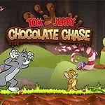 고양이와 쥐가 초콜릿과 사탕으로 꾸며진 초원에서 달리는 모습