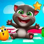 회색 고양이와 여러 마리의 알록달록한 새들이 배경에서 함께 웃고 있는 장면