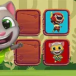 회색 고양이가 초록색 셔츠를 입고 웃으며 포즈를 취하고 있으며, 나무 판자 네 개 중 두 개에 각각 고양이 캐릭터가 그려져 있는 모습