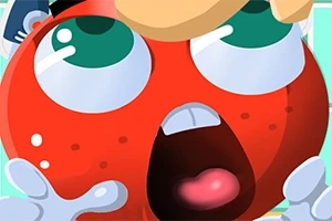 큰 눈을 가진 빨간색 동그란 캐릭터가 놀란 표정을 짓고 있는 모습
