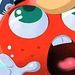 큰 눈을 가진 빨간색 동그란 캐릭터가 놀란 표정을 짓고 있는 모습